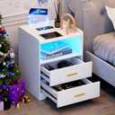 dnbss White LED Nightstand with Charging Station and 24-Color RGB Lights, Smart Night Stand with Human Sensor Lighting, Modern Bedside Table for Bedroom (White-3 Layers)