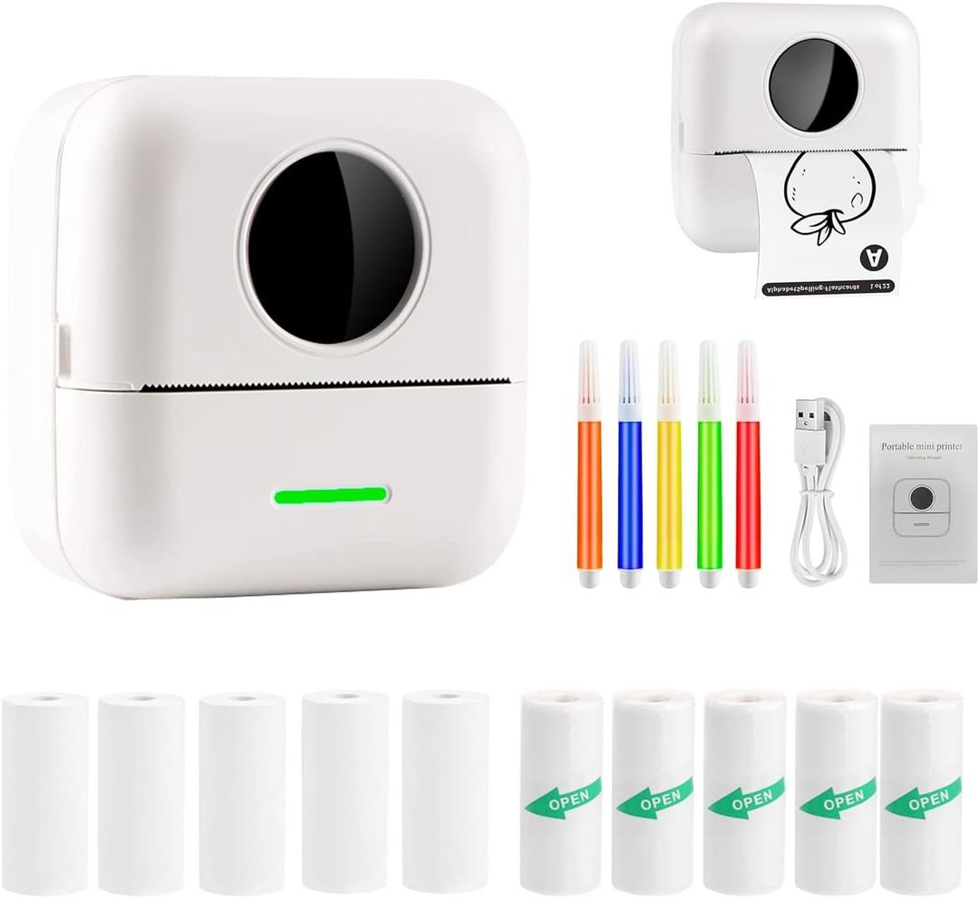 Mini Printer Thermal Sticker Printer with 11 Rolls Thermal Paper and Sticker for iOS&Android,Portable Bluetooth Pocket Printer for Study Notes, Pictures, DIY, Label