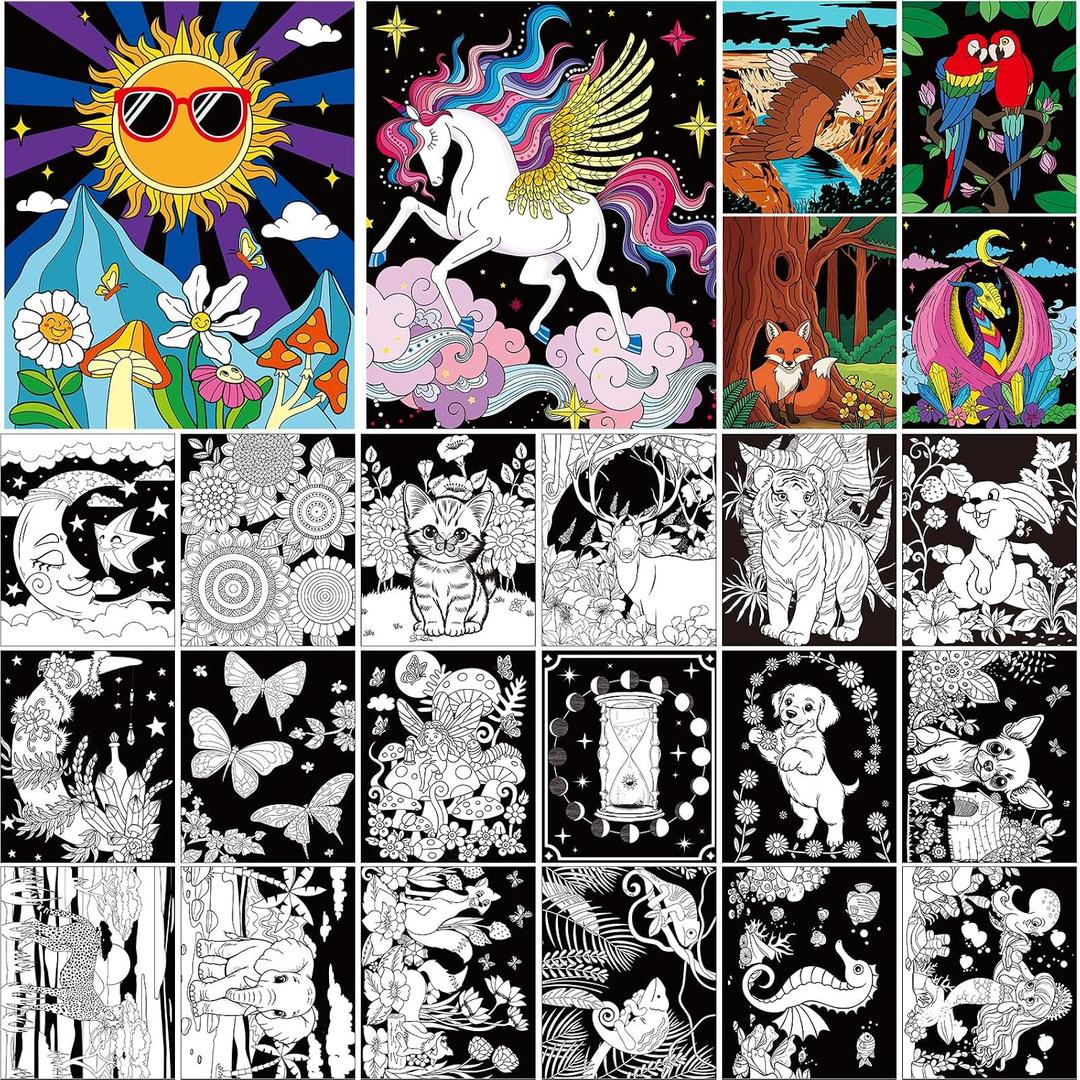 Zhanmai 48 Pack Velvet Coloring Posters Fuzzy Velvet Coloring Posters DIY Crafts for Kids Color Your Own Poster Bulk for Holiday School Home Party Activities (Safari)