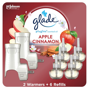 Glade PlugIns Air Freshener Starter Kit, Scented and Essential Oils for Home and Bathroom, Apple Cinnamon, 4.02 Fl Oz, 2 Warmers and 6 Refills