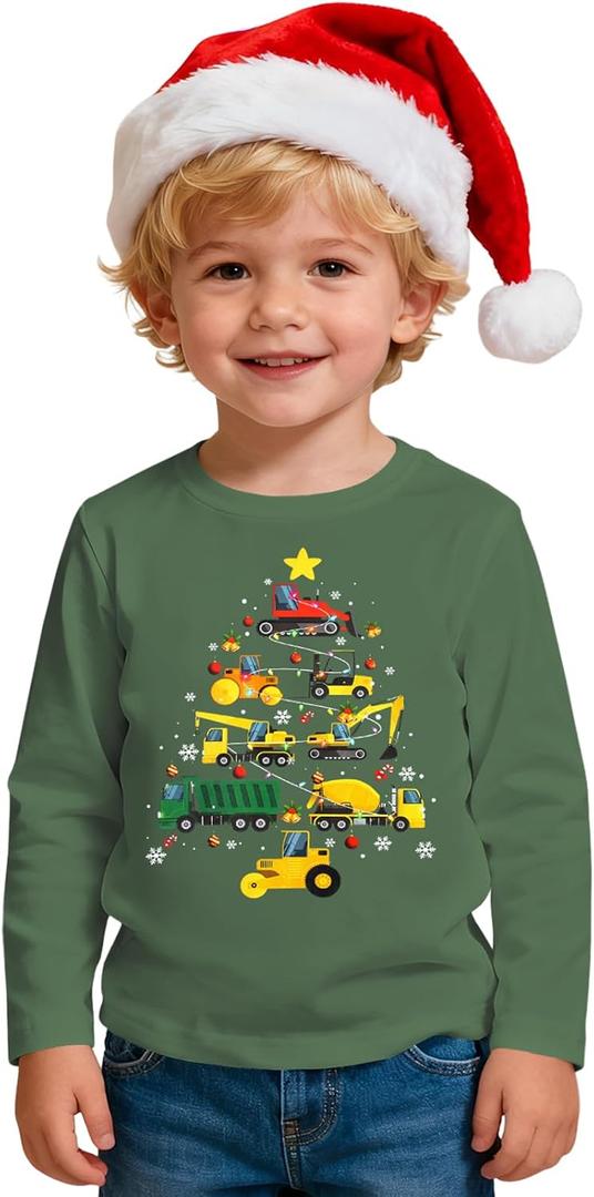GLIGLITTR Toddler Boy Merry Christmas Shirts Construction Vehicle Truck Xmas Tree Long Sleeve Shirt Tops Kids Holiday Outfits