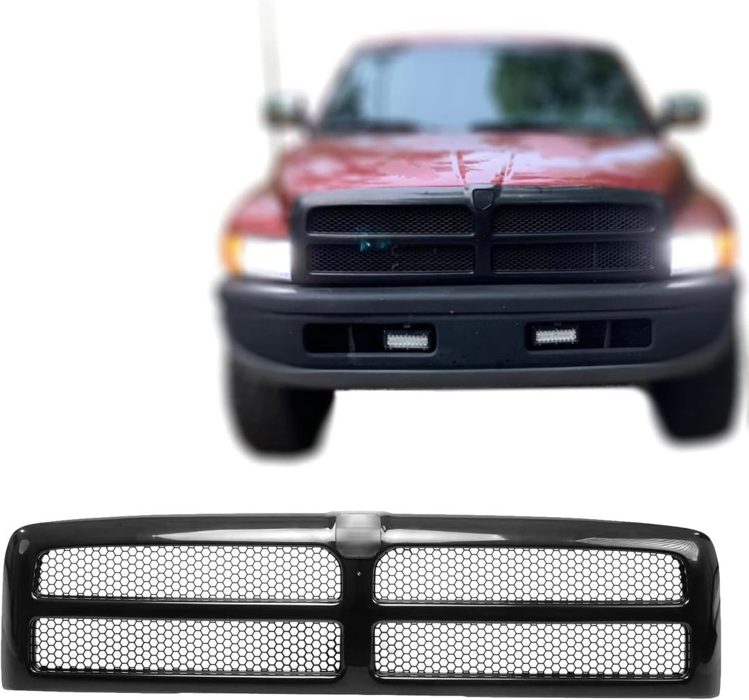Replacement Parts Front Grille Grill Assembly With Black Shell Frame With Black Honeycomb Insert Compatible With Dodge Ram 1500 1994-2001 Ram 2500 3500 1994-2002 Pickup Truck