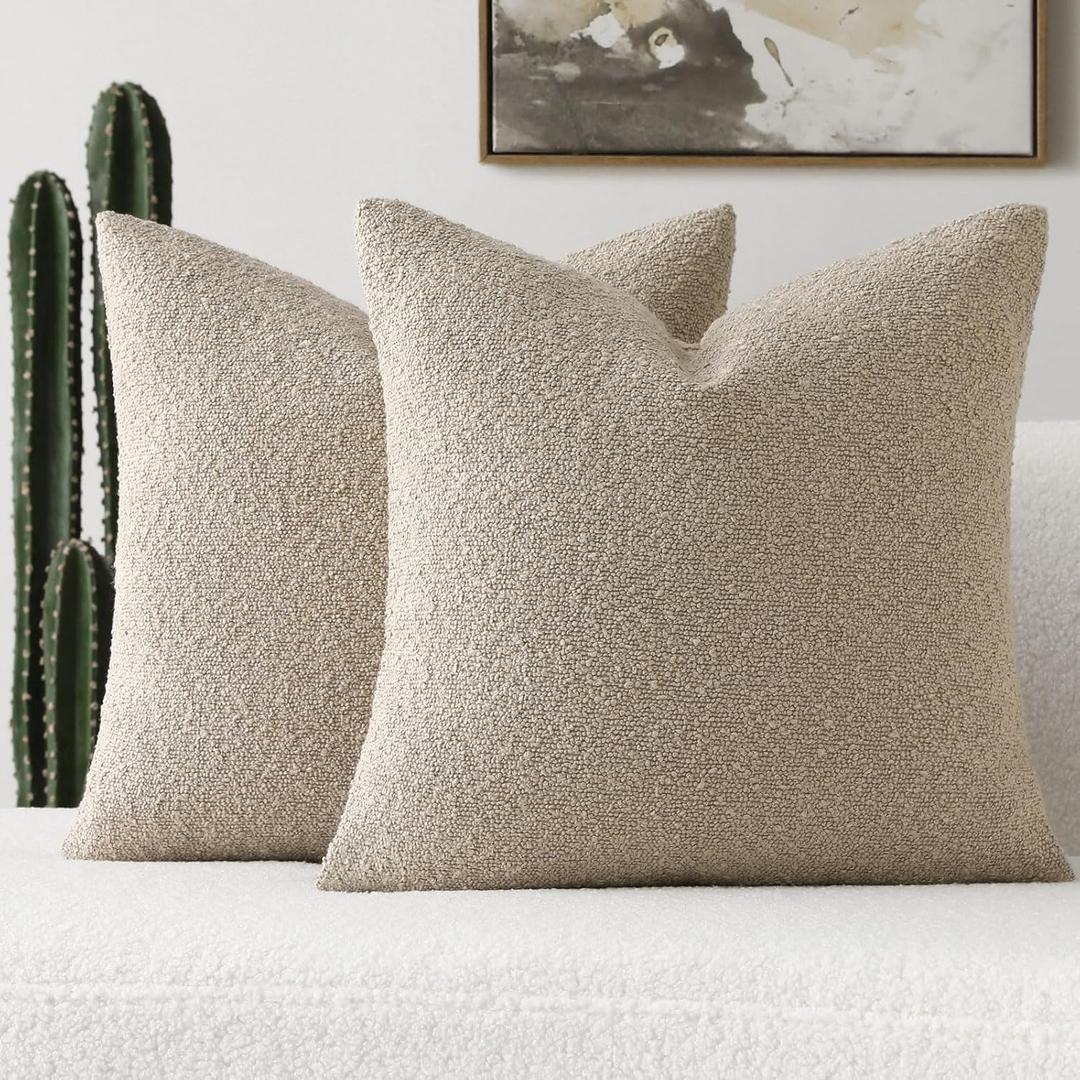 FUTEI Pack of 2 Oatmeal Decorative Throw Pillow Covers 18x18 Inch Soft Cozy Solid Boucle Textured Cushion Case,Modern Home Decor for Couch Bed Living Room