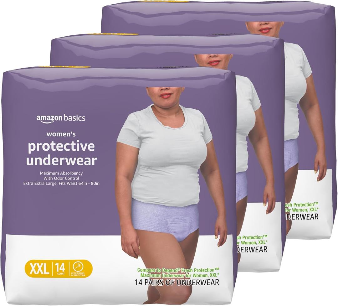Amazon Basics Incontinence Underwear for Women, Protective, Disposable, Postpartum, Maximum Absorbency, XX-Large, Lavender, 42 Count (3 Packs of 14)