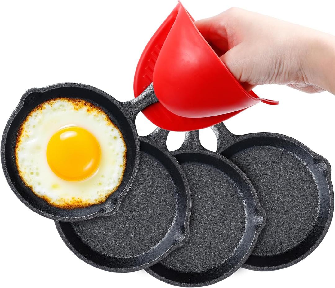 4 Inch Mini Cast Iron Skillet Set with Silicone Mitt, Small Frying Pan with Handle, Pre Seasoned Mini Skillets for Camping, Kitchen Cooking, Indoor and Outdoor (Black)
