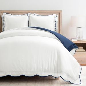 Lush Decor Coastal Chic Scalloped Edge Cotton Duvet Cover Set, 3 Piece Set, Full/Queen, Neutral & White - Queen Bedding Set - White Duvet Cover Queen - Coastal Decor