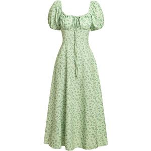 RIHOAS Womens Summer Dresses Square Neck Vintage Short Sleeve Midi Dress Casual Puff A Line Chiffon Sundress (Blue, S)