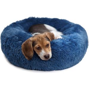 Calming Dog Bed for Medium Dogs Washable Donut 30 inches Anti-Slip Pet Bed,Round Fluffy Plush Faux Fur Cat Bed,Fits up to 45 lbs Pets,Navy Blue (30.0"L x 30.0"W x 7.0"Th)