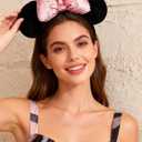 A Miaow 3D Black Velvet Headband Polka Dot Satin Bow Hair Clasp Women Adults Hair Accessory Party Costume Supply Holiday Park Headwear (Pink Bow, One Size)