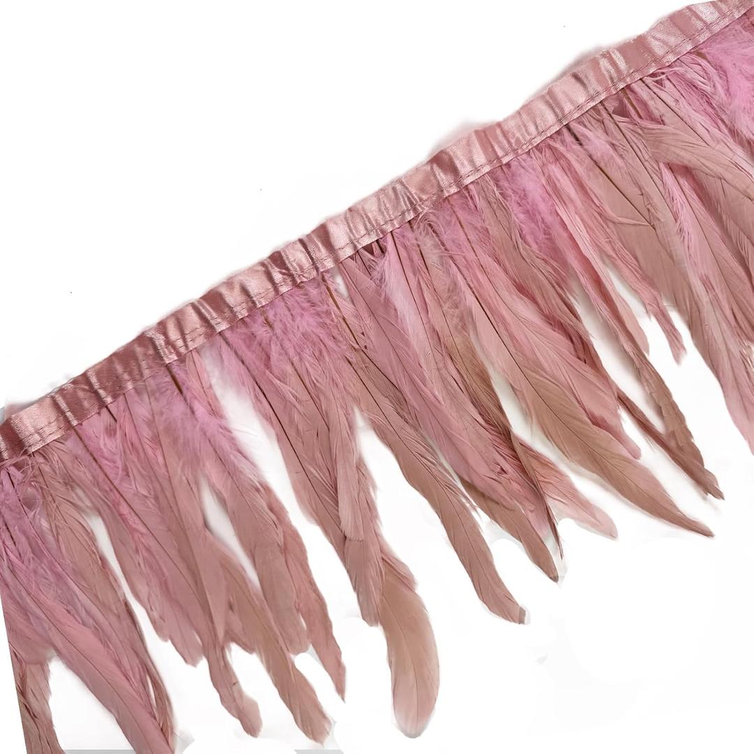 2 Yards 8-10" Rooster Hackle Feather Fringe Trim, Sewing Craft Feather for DIY Decorations-Pink