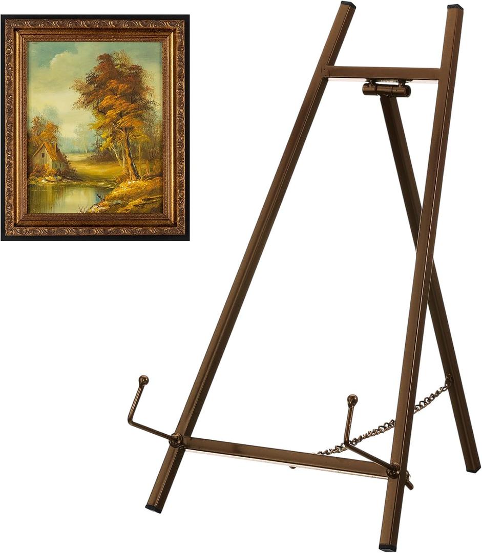 Leinuosen 1 Pcs Metal Easel Stand 16.5" H x 8.7" W x 4.3" D Table Top Easel Stand for Display Tripod Art Picture Mirror Modern Plate Holder for Display Book Photo Wedding Sign (Brown)