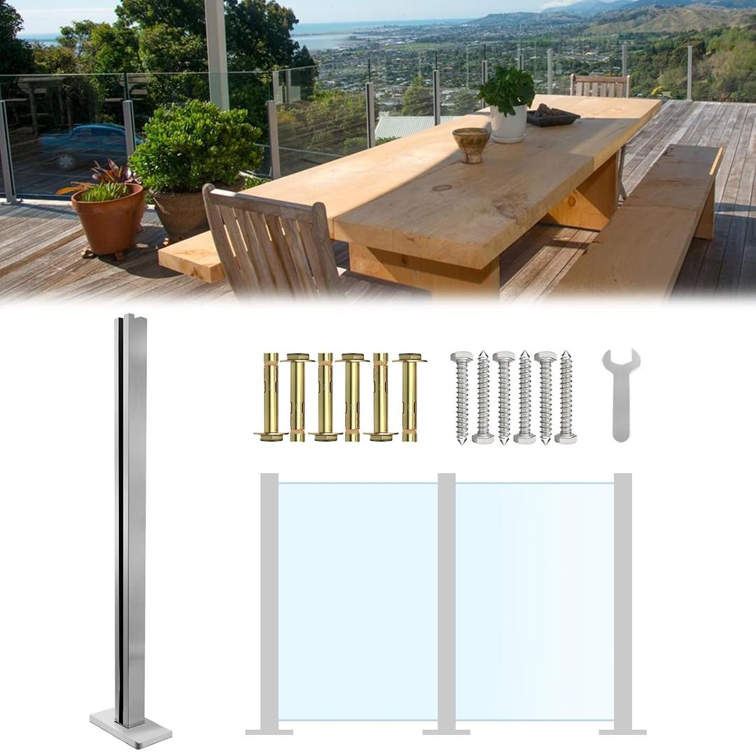 Qrooviiy 35.6 Inch Glass Railing Mid Post,T304 Stainless Steel Post with Spigot Slots for Thickness 5/16"-1/2" Glass/Plastics,Deck Balustrade Railing System for Pool,Balcony(Brushed Silver)