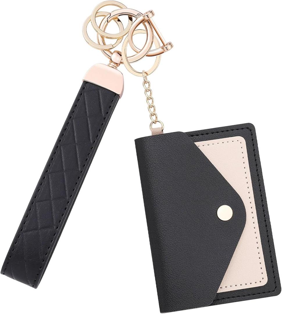 Leather Wristlet Keychain for Women, Cute Keychain Wristlet Car Key Chain with 2 Key Ring, Anti-Lost D Ring and Mini Wallet (Black)