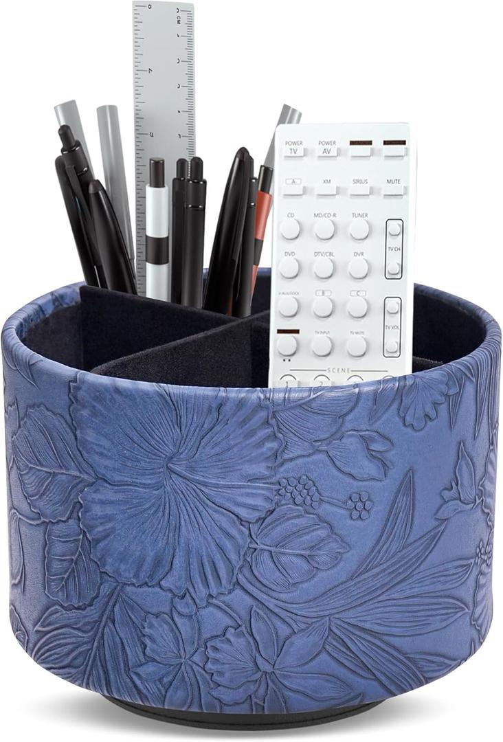 Hennaja Round Leather Art Supply Organizer,Remote Control Holder,360 Degree Spinning,Multi-Functional Pencil Holder,4 Compartments Desktop Stationary Organizer(Carved Blue)