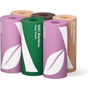 100% Bamboo Paper Towels, 6 Rolls, 2 ply, FSC Certified, 150 Sheets, 900 Count, Plastic-Free, Multicolor