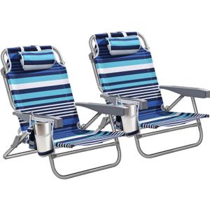 5-Position Aluminum Lay Flat Backpack Beach Chair 2 Pack, Compact Portable Low Beach Chairs for Adults, Beach Chair with Cooler Pouch, Storage Pouch, Towel Bar, Cup Holder, Blue Stripe