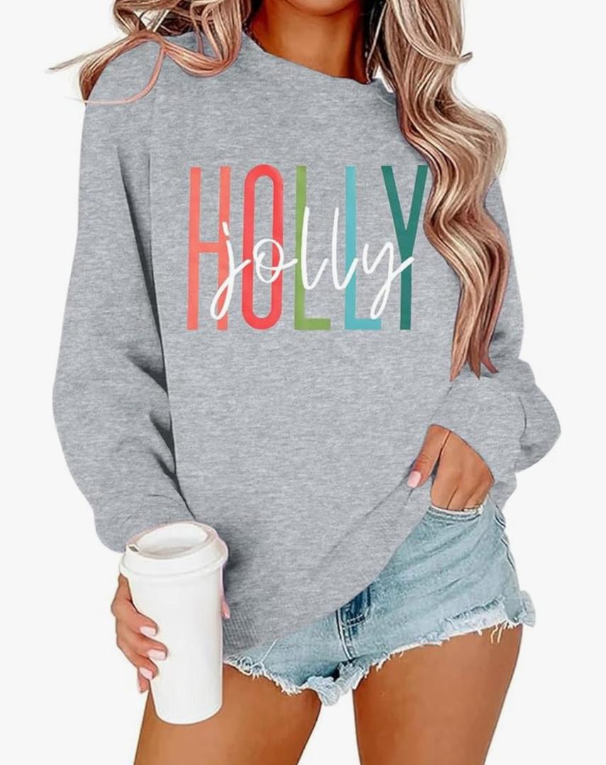 LOTUCY Women Christmas Sweatshirts Holly Jolly Christmas Tree Crewneck Graphic Sweater Long Sleeve Pullover Top, XL