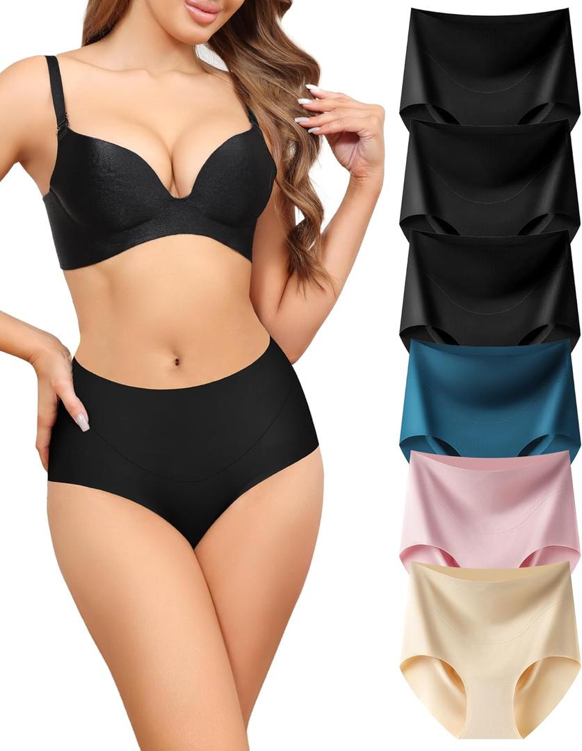 LEVAO Womens High Waist Seamless Underwear Full Coverage Breifs No Show Ladies Panties 6 Pack S-XXL (3*black/Dark Blue/Soy Powder/Skin Color)