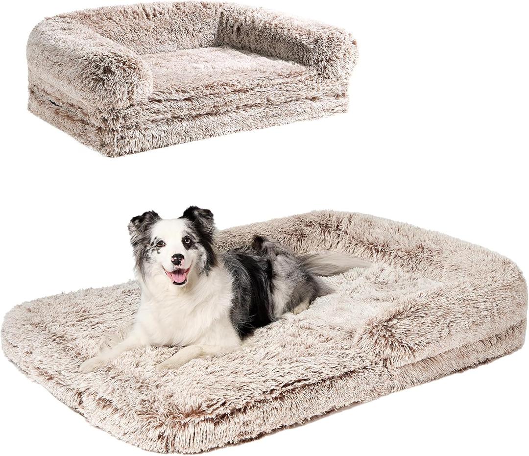 EHEYCIGA Foldable XXL Dog Bed for Large Sized Dog, 54"x38"x7.5" Faux Fur Fluffy Pet Couch Bed, Orthopedic Calming Memory Foam Big Pet Bed, Washable Pet Sofa Bed with Non-Slip Bottom, Faded Brown