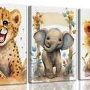 HKMXCD 3Pcs Baby Safari Animal Canvas Wall Art Jungle Watercolor Animal Wall Decor Picture Lovely Painting Artwork Kids Room Prints for Boy Girl Room Home decoration 16x24in