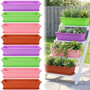 8 Pack 23 Inch Window Flower Box Outdoor, Extra Large Railing Planter Boxes Plastic Long Rectangle Planter Box with Drainage Trays for Patio Balcony Fence Windowsill Garden