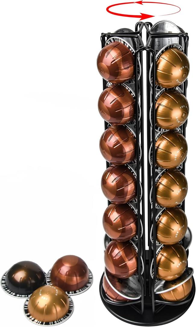 28 Coffee Pods Holder - Black - 360 Spinning Coffee Pod Carousel Stand | Holds 28 Capsules | Compact Countertop Organizer with Silent Rotation, Durable & Modern