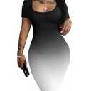 Nimsruc Summer Bodycon Dresses for Women Short Sleeve Midi Dress Blk Grad L (L)