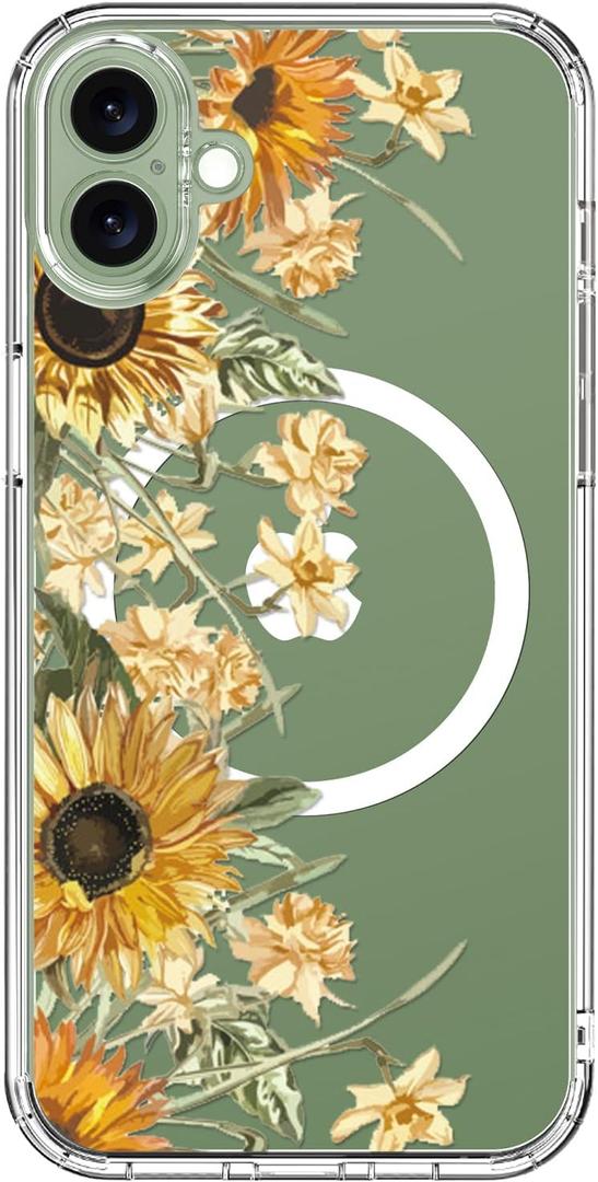 ICEDIO for iPhone 17 Case with Screen Protector - Wireless Charging Compatible, Enhanced Camera Protection,Slim Fit - Clear Cover with Trendy Floral Design for Women - Sunflowers and Yellow Floral