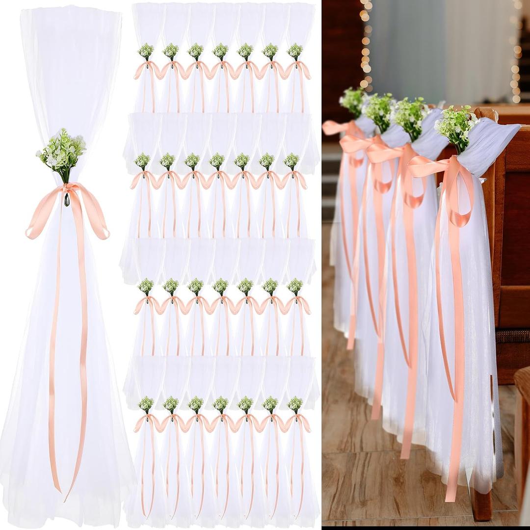 24 Pcs Wedding Aisle Decorations for Ceremony 24 Inch Wedding Pew Bows Tulle with Artificial Babies Breath Flowers for Church Chair Bench Pew Aisle Decor