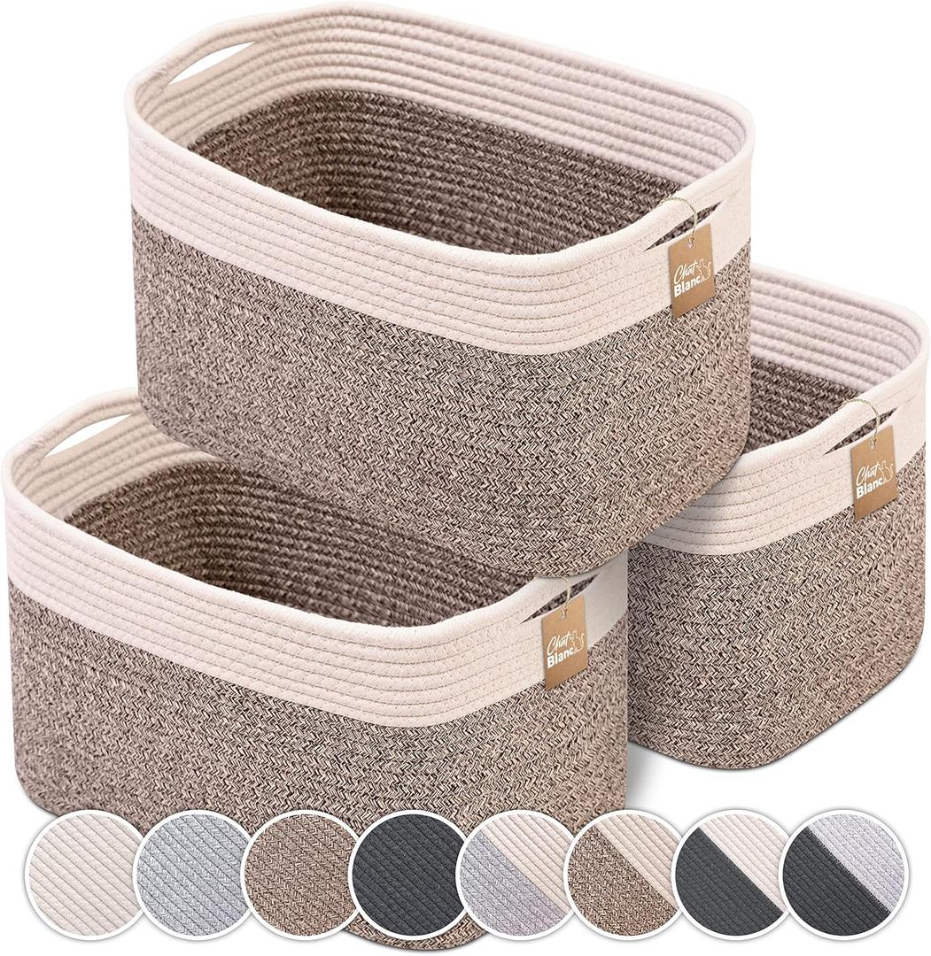 CHAT BLANC Cotton Rope Baskets for Organizing | Storage Baskets for Shelves | Small Laundry Woven Baskets for Storage, Dog Toy Bin, Baby Basket,Off White&Brown 3 Pack (3 PACK | Medium | 15"x10"x9")