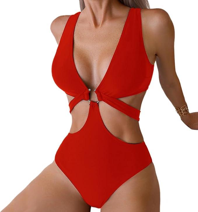 Women's Deep V Neck One Piece Swimsuit O-Ring Swimwear Sexy Cut Out Bathing Suit, Size L