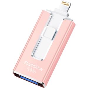 MFi Certified 256GB Flash Drive for iPhone iPad, Photo Stick for External Memory Storage, Easily Back Up and Save Photos Videos, 4 in 1 Memory Stick Thumb Drive for iPhone/iPad/Android/PC (Light Pink)