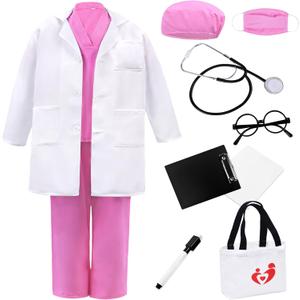 Doctor Costume for Kids Lab Coat & Scrubs Set with Accessories for Play & Dress-Up Age 3-12 (3-4T/110, Pink)