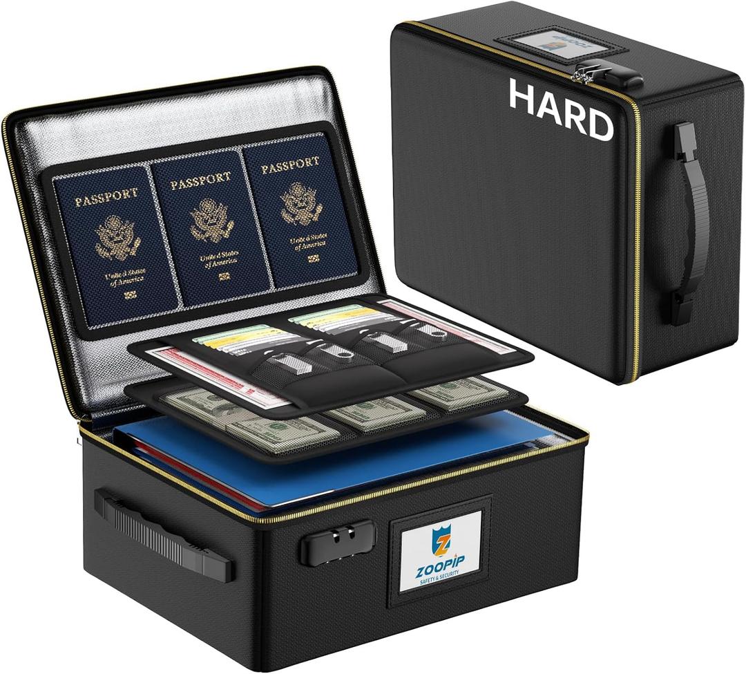 Fireproof Document Box,Hard Case with Fireproof Zipper,Fireproof File Box with Lock,Portable Document Safe Organizer for A5 Documents,Cash,Card-Black
