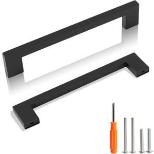 Cabinet Pulls Matte Black Cabinet Handles Square Drawer Pulls, 5 Pack 6-1/4 Inch 160mm Hole Centers Stainless Steel Kitchen Door Cupboard Cabinet Handles, Drawer Hardware Handles