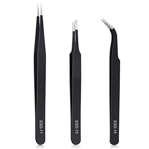 kaverme 3 PCS Precision Tweezers Set, Upgraded Anti-Static Stainless Steel of Tweezers, for Electronics, Soldering, Laboratory Work, Jewelry-Making, Model, Craft