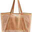 Beach Bags for Women, Summer Travel Mesh Tote Bag with Large Inner Pocket, Sandproof Woven Shoulder Handbag (Tan)