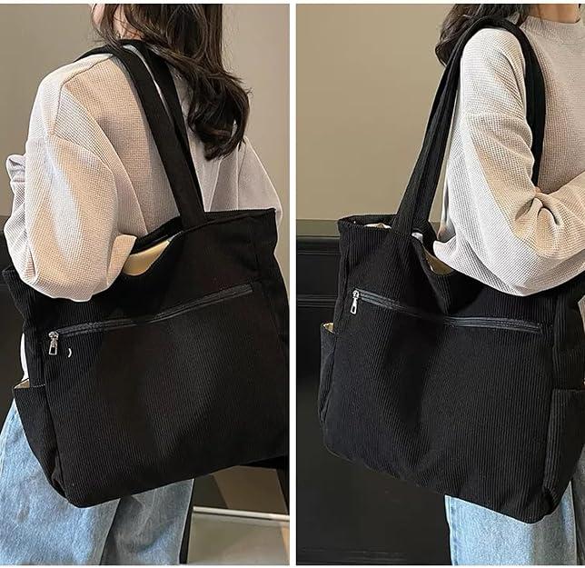PANYUYI Women Corduroy Tote Bag Large Shoulder Bag Work Laptop Large Handbags Purse for Travel School Work Shopping Vacation (Black)