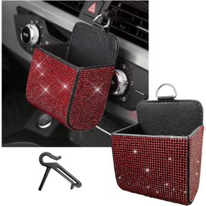 Car Vent Storage Organizer, Rhinestones Leather Air Vent Pocket, Bling Automotive Vent Pouch Box with Hook, Multipurpose Dashboard Air Vent Cell Phone Holder for Girl Women Red