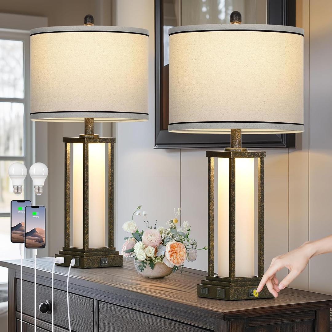 27" Tall Vintage Table Lamp Set of 2 with USB C+A & Outlet,Bronze Industrial End Table Lamp for Living Room,Farmhouse Rustic Bedside Lamps with Frosted Glass Night Light for Bedroom Nightstand,Bronze