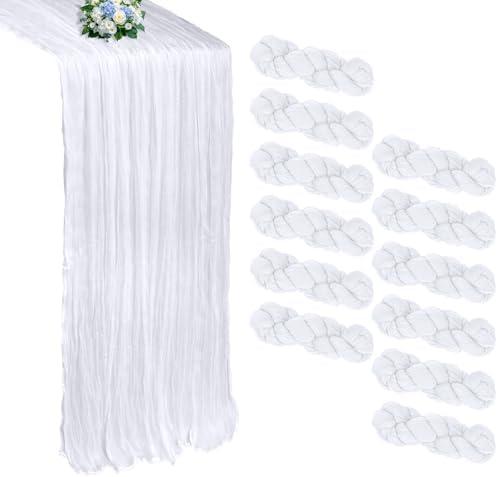 RestfulGlow 12 Pack White Cheesecloth Table Runner 10FT Boho Cheese Cloths Gauze Fabric Table Runners 120 Inch Rustic Sheer for Winter Wedding Birthday Party Baby Shower Home Decorations
