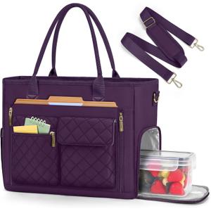RAINSMORE Teacher Tote Bag with Insulated Lunch Compartment 15.6 inch Laptop Bag for Women Lightweight Work Bags Nurse Bags (Dark Purple)