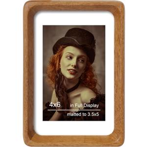 4x6 Picture Frame Natural Teak Wood with Mat for 3.5x5, Original Natural Solid Wood 4 by 6 Photo Frames with Tempered Glass Cover for Wall and Tabletop Display