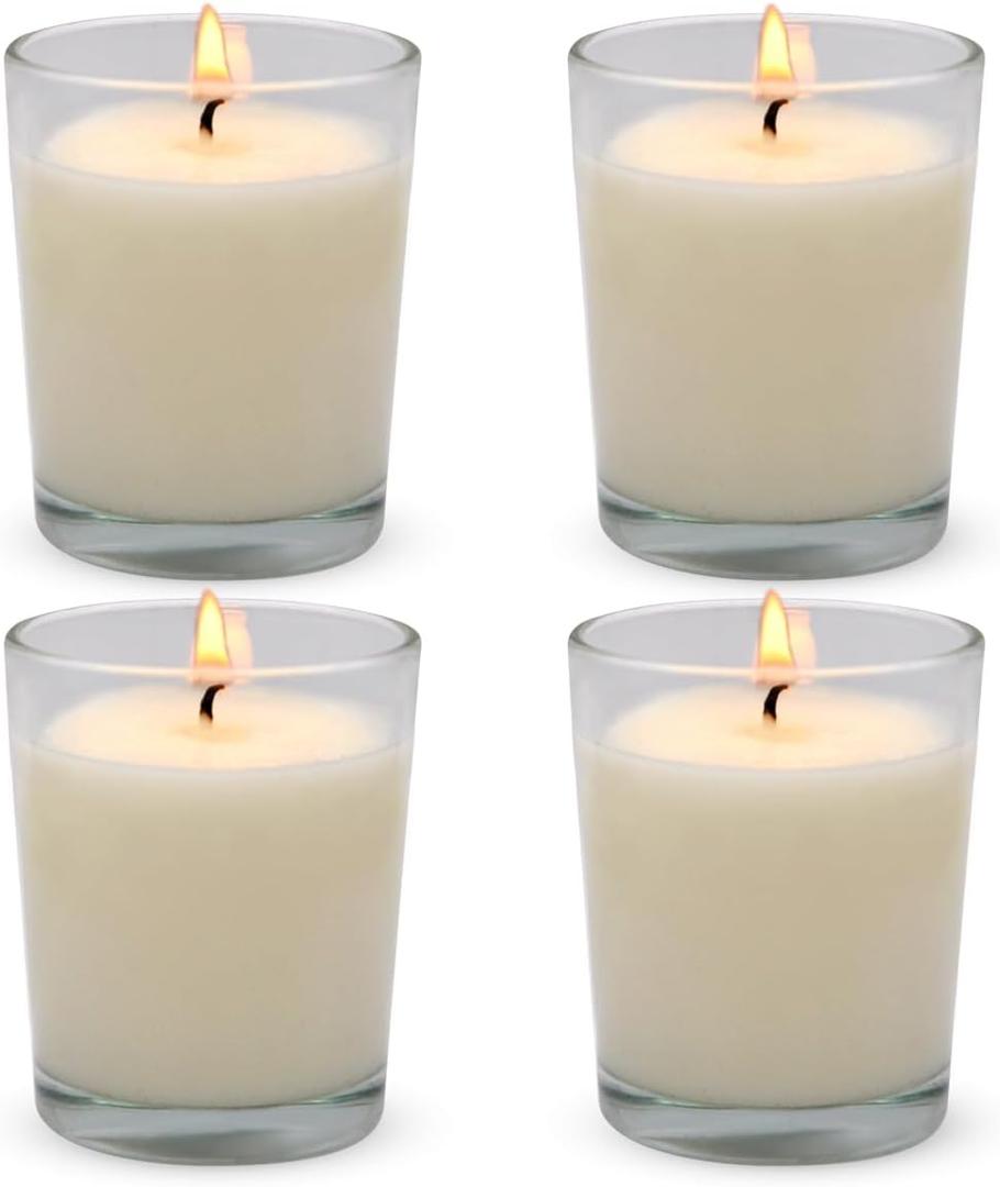 Set of 4 White Votive Candles, Clear Glass Filled Unscented Soy Wax Candle for Home Dcor Weddings Spa Holidays Party and DIY