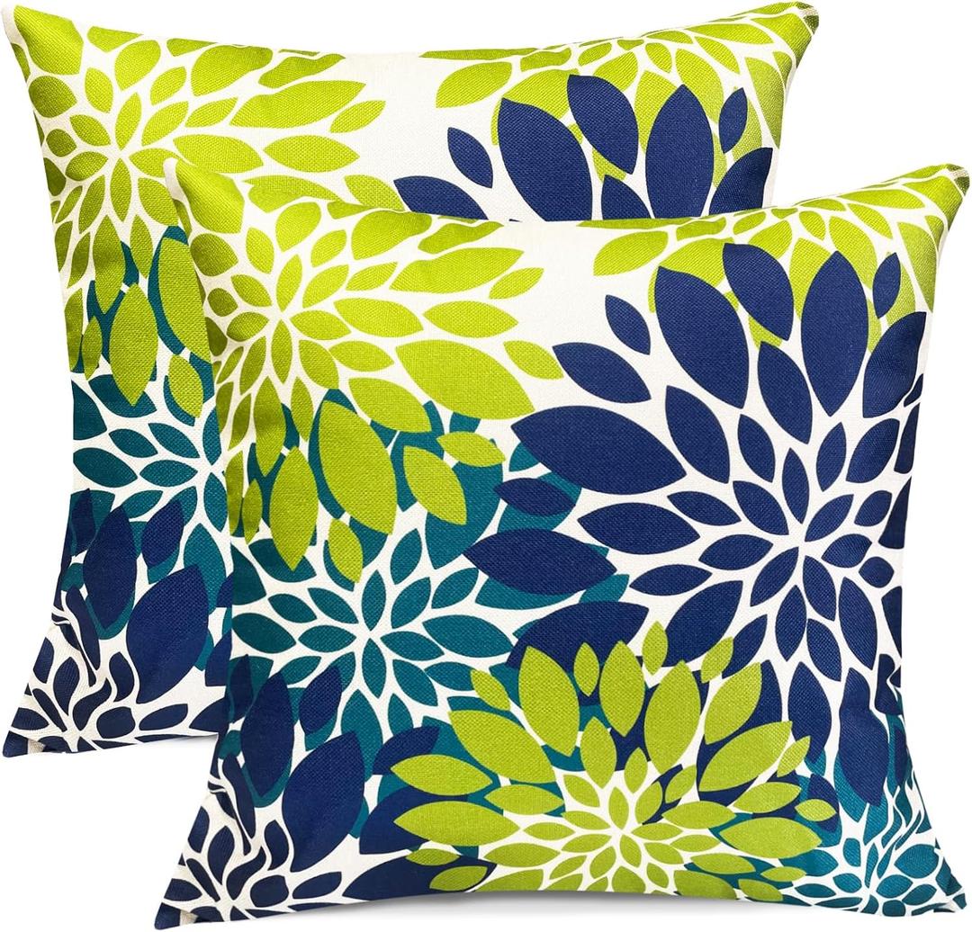Decorative Throw Pillow Covers Set of 2 Blue Green Pillow Covers 18x18 inch Throw Pillows Linen Square Pillow Case, Farmhouse Outdoor Floral Flower Pillow Covers for Couch Sofa Living Room