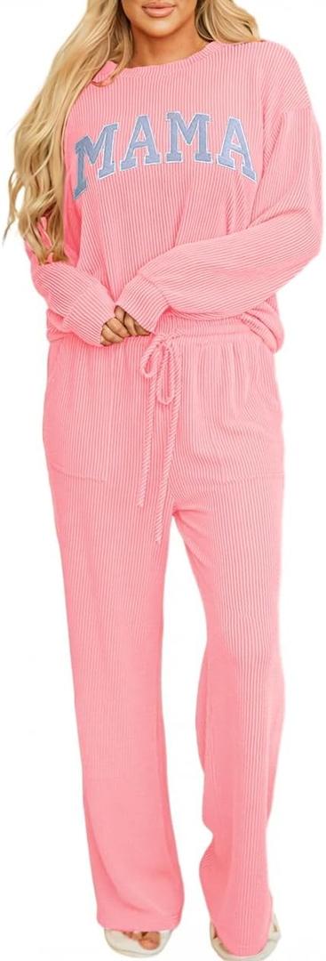 Opemiby Women Pajamas Set Loungewear Ribbed Long Sleeve Top and Pants with Pockets Lounge Pj Set Sleepwear (Small, Pink Mama)