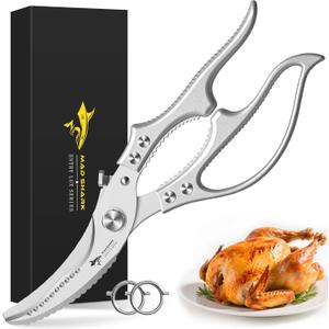 MAD SHARK Heavy Duty Poultry Shears, Kitchen Shears with Non-Slip Handle & Safety Lock, All Purpose Kitchen Scissors for Chicken, Meat Cutting, Turkey, Fish, Vegetables, Spring Loaded, Dishwasher Safe