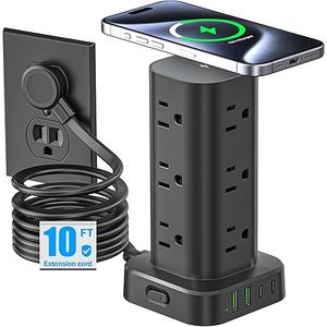 Tower Power Strip with 15W Wireless Charger, 10FT Flat Plug Extension Cord with Multiple Outlets, 12 AC Outlets, 4 USB Ports (2 USB C) Charging Station Surge Protector for Office Home Dorm Room(Black)