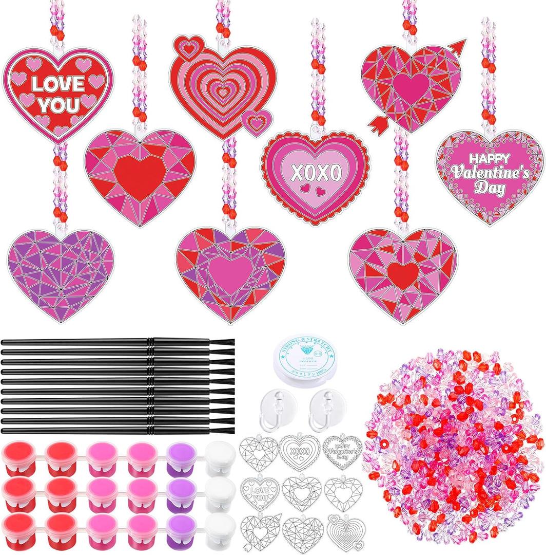 Blosssound 36 Sets Valentine's Day Suncatcher Craft Kits Heart Suncatchers Ornaments DIY Love You Window Paint Art Valentines Party Sun Catchers for Valentine Party Classroom Art Project Gift Favors