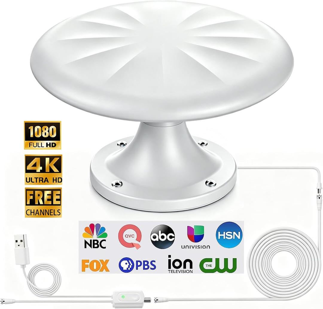 RV TV Antenna Roof Mounted for Camper/Travel Traile/Truck/Boat,White | 720° Long Range Omni Directional Reception Digital HD Antenna Signal, with Super Signal Booster, 35ft HDTV Cable